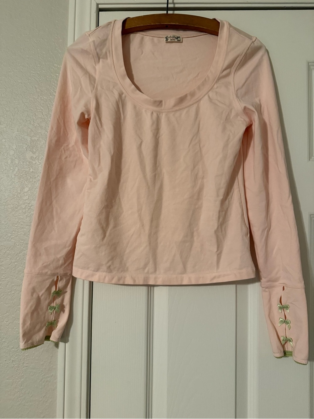 Free People Light Pink Long Sleeve Scoop Neck Top with Bow Detail